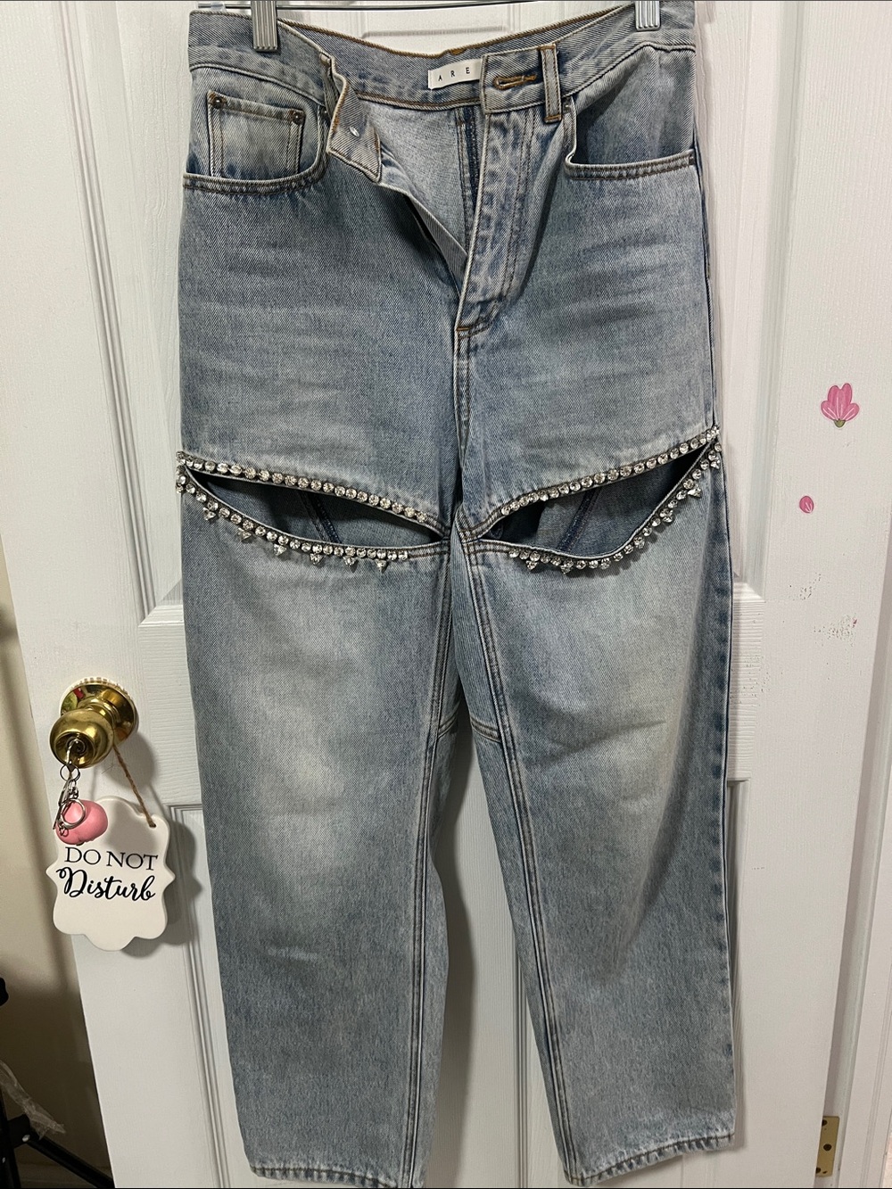 AREA Light Blue Rhinestone Cutout Boyfriend Jeans